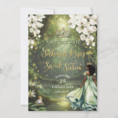Enchanting Princess & Frog Green Dress Sweet 16 Save The Date (Voorkant)
