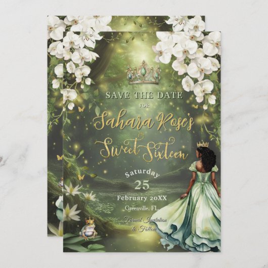 Enchanting Princess & Frog Green Dress Sweet 16 Save The Date (Voorkant / Achterkant)