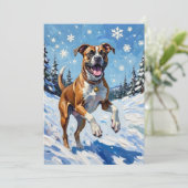 Energetic Boxer Dog Leaping in Winter Snow Fun Feestdagenkaart (Staand voorkant)
