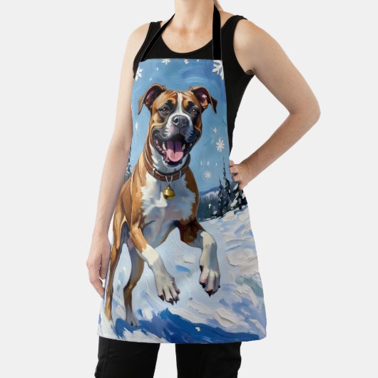 Energetic Boxer Dog Leaping in Winter Snow Fun Schort (Insitu)