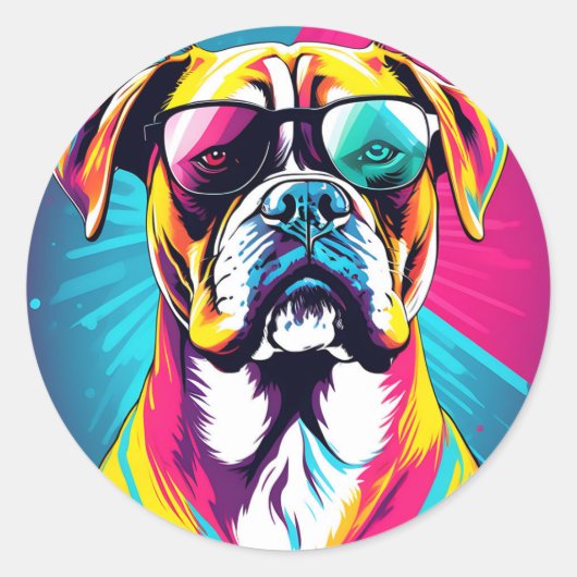 Energetische Boxer Dog Met Zonnebril Pop Art Ronde Sticker (Voorkant)