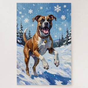 Energieke Boxerhond Springt in Winter Sneeuw Pret Legpuzzel