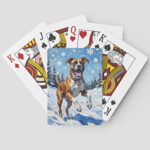 Energieke Boxerhond Springt in Winter Sneeuw Pret Pokerkaarten