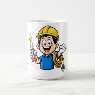 Energieke elektricien mascotte bliksem cartoon kun koffiemok