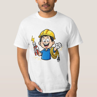 Energieke elektricien mascotte bliksem cartoon kun t-shirt