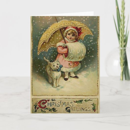 Enfant et chat victorien en neige Carte de Noël (Devant)