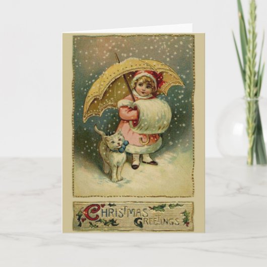 Enfant et chat victorien en neige Carte de Noël (Devant)