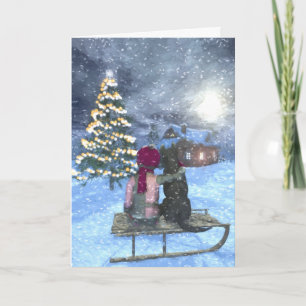 Enfant et chien à l'écoute de la carte de Noël Pèr