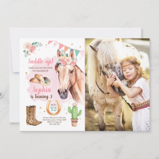 Enfant Invitation fille Cheval Rose Aquarelle (Devant)