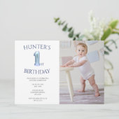 Enfants 1er anniversaire bleu photo invitation (Debout devant)
