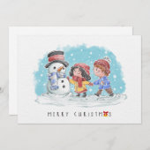 Enfants avec Snowman Joyeuse carte de Noël (Devant / Derrière)