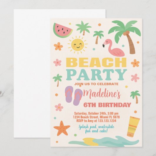 Enfants Beach Bash Anniversaire Invitation & Décor (Devant / Derrière)