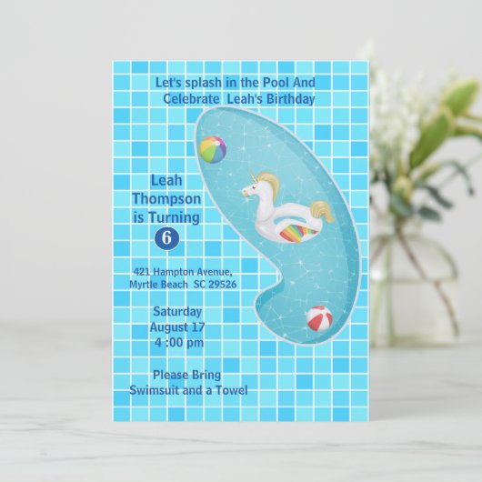 Enfants Blue Pool Party Unicorne Invitations Anniv (Debout devant)