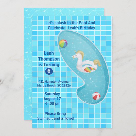 Enfants Blue Pool Party Unicorne Invitations Anniv (Devant / Derrière)