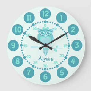 Enfants chouette hibou aqua bleu vert horloge mura