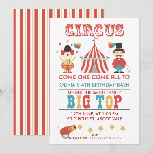 Enfants Circus fête d'anniversaire Invitation (Devant / Derrière)