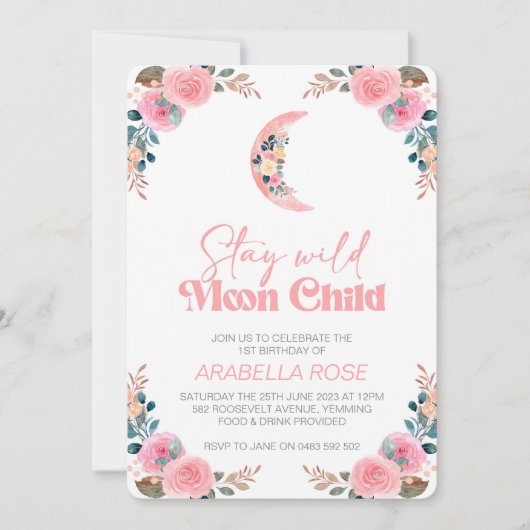 Enfants de Lune Rose Invitation Invitation d'anniv (Devant)