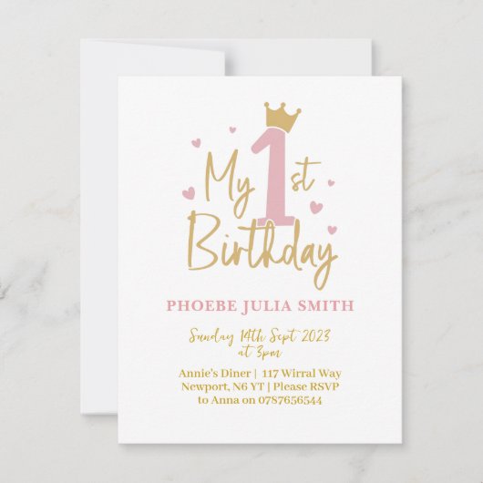 Enfants Filles rose 1er anniversaire Invitation (Devant)