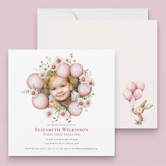 Enfants floraux Photo rose Invitation d'anniversai