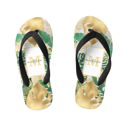 Enfants Gold Green Big Tropical Feuilles paire de tongs (Semelle)