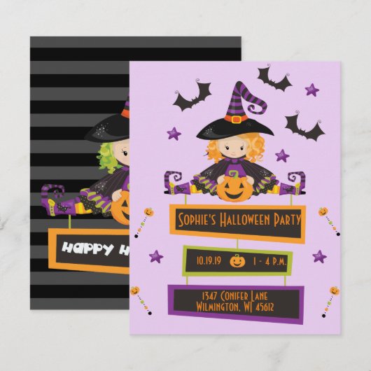 Enfants Halloween fêtes Invitations sorcières Invi (Devant / Derrière)