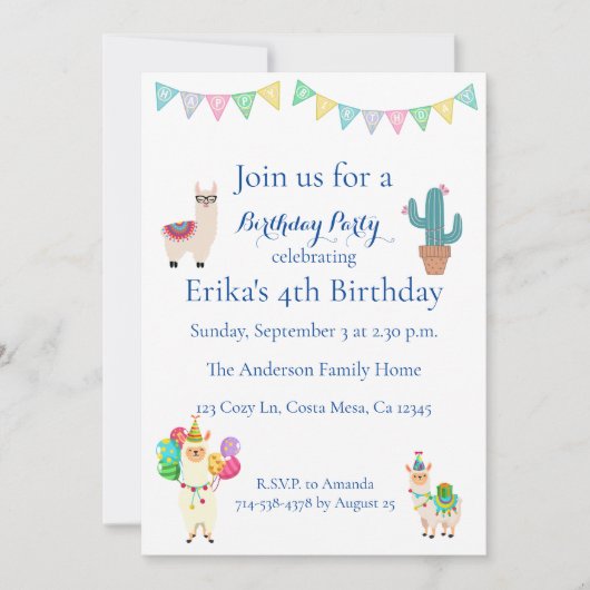 Enfants Llama Cactus Anniversaire Fête Invitation (Devant)