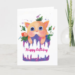 Enfants mignonne Anniversaire Chat et gâteau Carte
