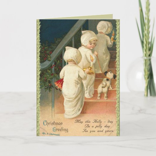Enfants mignons et chiot Carte de Noël Vintage (Devant)