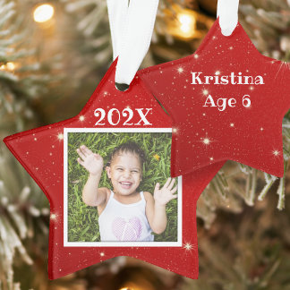 Enfants Photo Twinkings Stars Red Christmas Orname