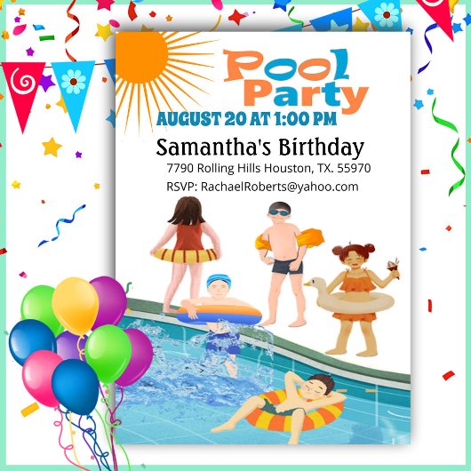 Enfants Piscine Fête Anniversaire Invitation