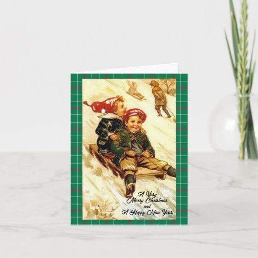 Enfants S'amuser Sledding Vintage Look Joyeux Noël (Devant)