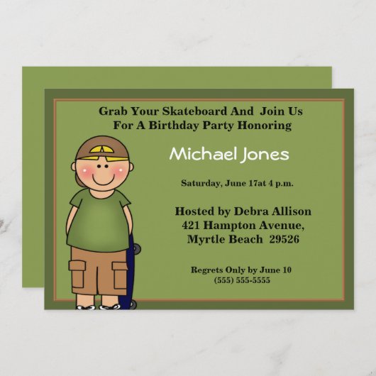 Enfants Skateboard Invitations d'anniversaire (Devant / Derrière)