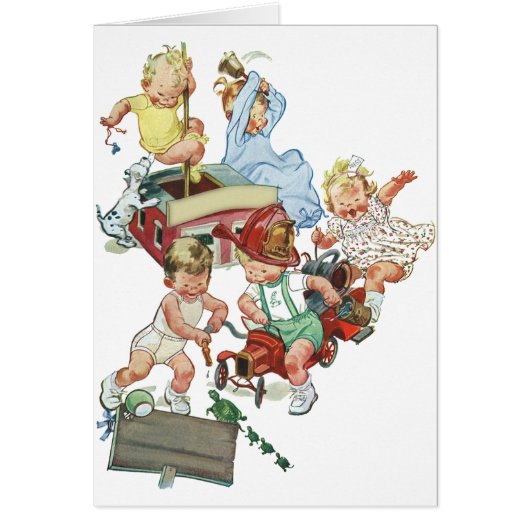 Enfants vintages Jouer avec des camions de pompier (Devant)