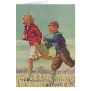 Enfants vintages qui courent à l'école portant des