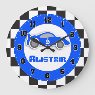 Enfants voiture bleu à damiers drapeau nom horloge