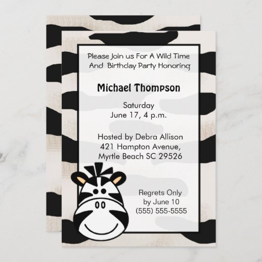 Enfants Zebra Anniversaire Fête Invitation (Devant / Derrière)
