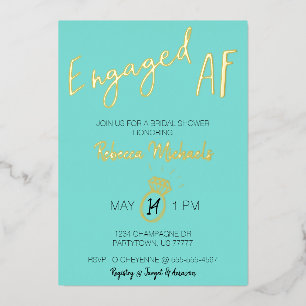 Engaged AF Gold Metallic & Blue Vrijgezellenfeest Folie Uitnodiging