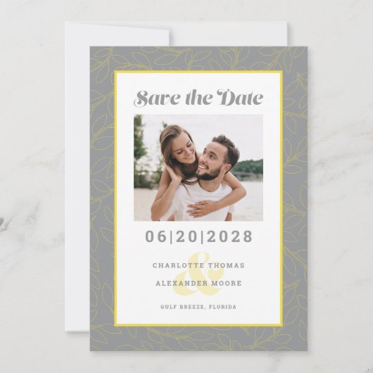 Engaged Couple Photo Modern Gray Yellow Pattern Save The Date (Voorkant)