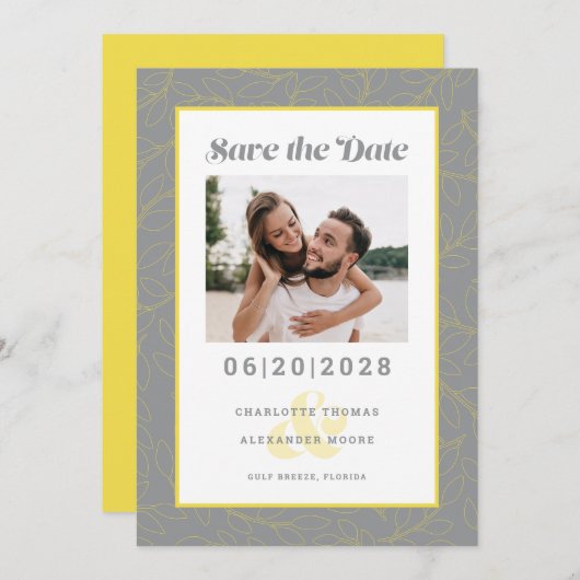 Engaged Couple Photo Modern Gray Yellow Pattern Save The Date (Voorkant / Achterkant)