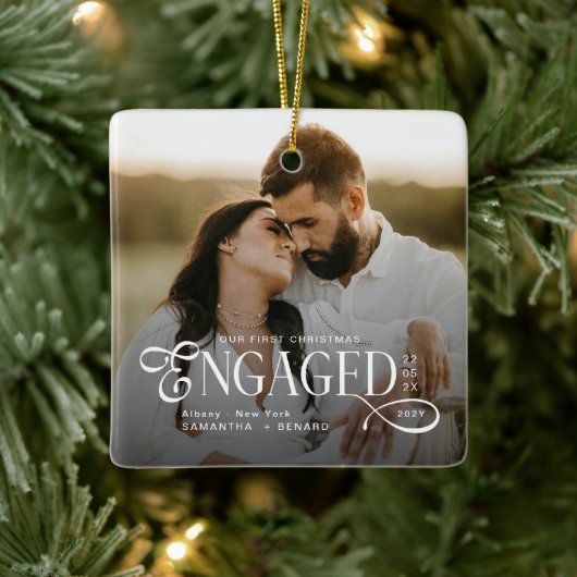 Engaged Couples 2 Photos Stylish First Christmas Keramisch Ornament (Boom)