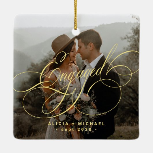 Engaged gold calligraphy script 2 photos keepsake keramisch ornament (Achterkant)