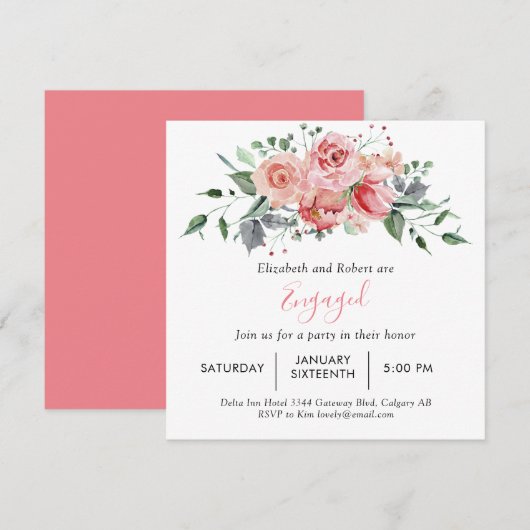 Engagement Party Blush Pink Rose Script Bloemen Kaart (Voorkant / Achterkant)
