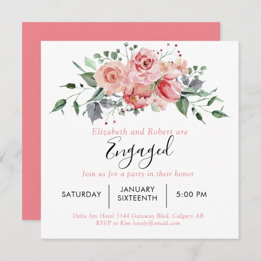Engagement Party Blush Pink Rose Script Bloemen Kaart (Voorkant / Achterkant)