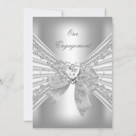 Engagement Party Diamond Heart White Silver Bow 2 Kaart (Voorkant)