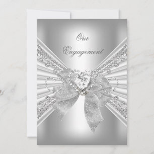 Engagement Party Diamond Heart White Silver Bow 2 Kaart