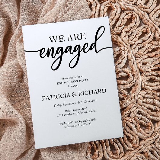 Engagement Party Elegant Script Zwart-wit Kaart