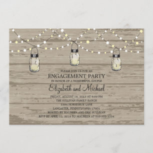 Engagement Party Rustic Wood Mason Jar and Lights Kaart