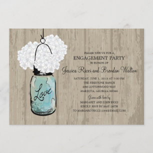 Engagement Party Rustic Wood Mason Jar Hydrangeas Kaart