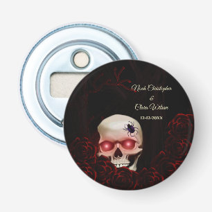 Enge bloemendonkere humeurige gothic schedel hallo button flesopener