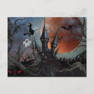 Enge donkere Halloween nacht met maan, heks Briefkaart